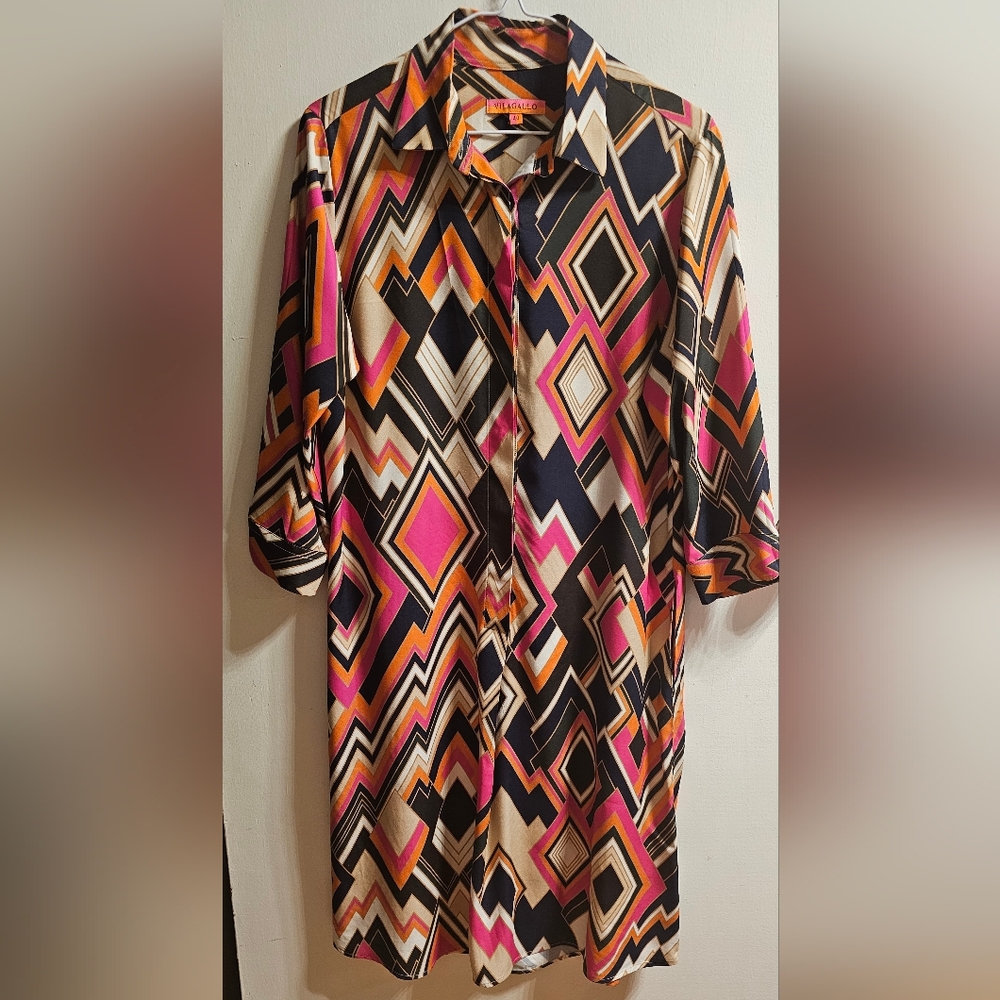 Vilagallo Exclusive Geometric Print Shirt Dress Size 40 EU Fit M US 3/4 Sleeves